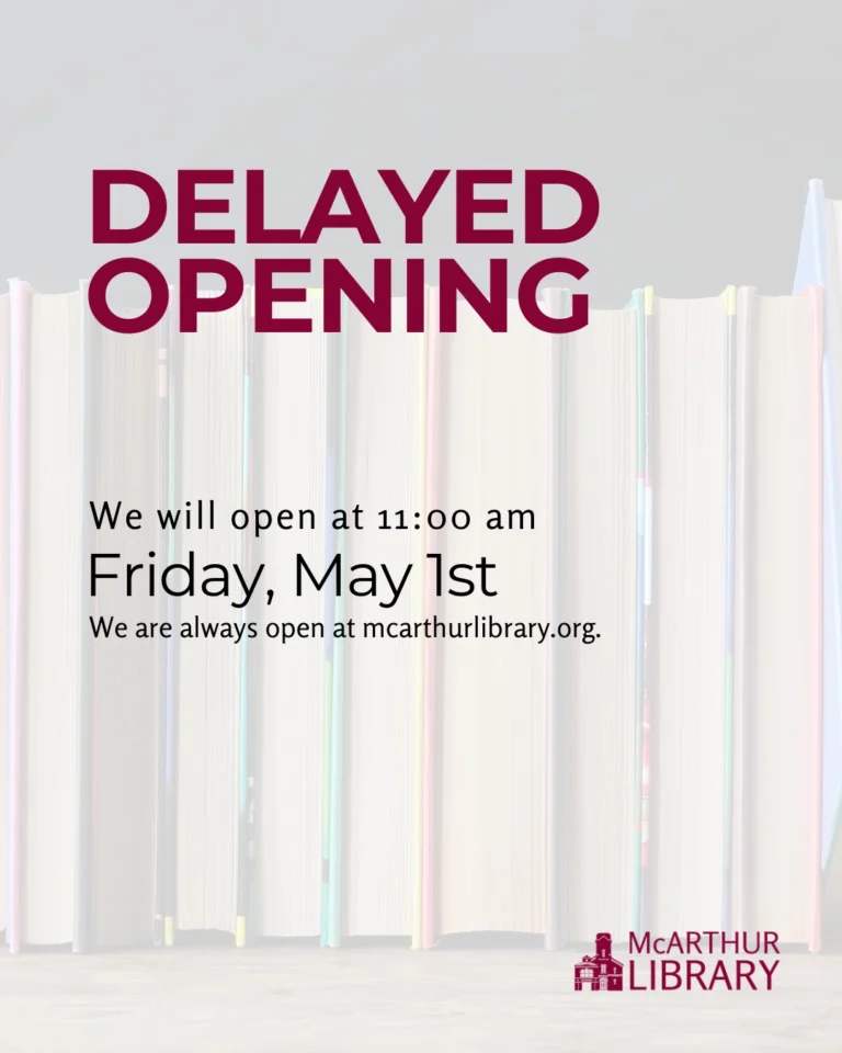 The library will open at 11AM on Friday, May 1st due to our monthly staff meeting. Please note that our Knitting Group will meet from 11AM - 1PM this day.