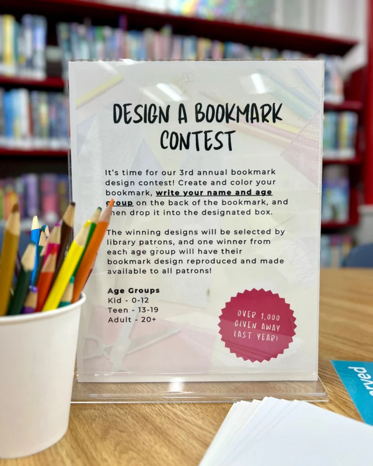 It’s National Library Week! 

That means the return of our 𝟯𝗿𝗱 𝗔𝗻𝗻𝘂𝗮𝗹 𝗕𝗼𝗼𝗸𝗺𝗮𝗿𝗸 𝗗𝗲𝘀𝗶𝗴𝗻 𝗖𝗼𝗻𝘁𝗲𝘀𝘁!

Stop by the library to pick up a blank bookmark and let your creativity shine - color it, paint it, decoupage it… whatever you want!

When you’re done, just add your name and age group on the back and drop it in the box.

We’ll choose one winner from each age group (children, teens, and adults), and the winning designs will be reproduced for our patrons to enjoy all year. 

We can't wait to see what you create!